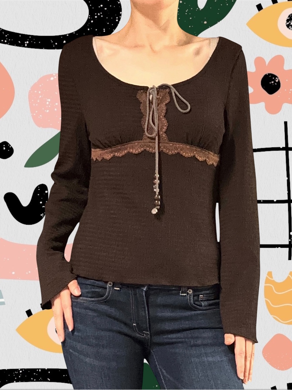Shein | Brown Stretchy Boho Lace Trim Long Sleeve Top